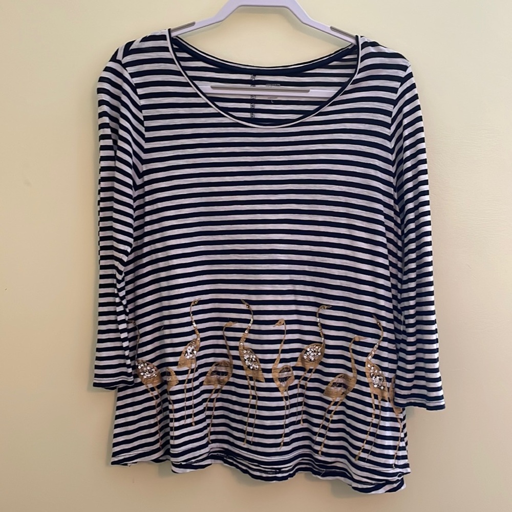 crown & ivy black and white stripe tee with gold flamingos